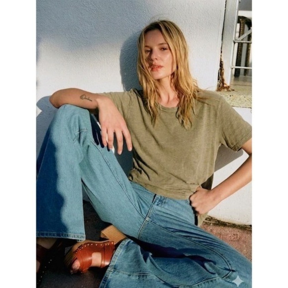Sezane Olive Green Linen Blend T-Shirt XS French Girl Quiet Luxury Chic Staple‎